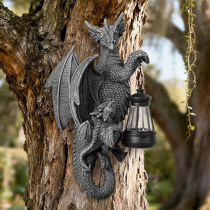 Solar Dragon Decor Tree Hugger Statue | Outdoor Garden Statue with LED Light for Yard, Patio, Balcony | Fantasy Dragon Figurine for Trees, Walls, Fences | Unique Gift for Women, Men & Mom