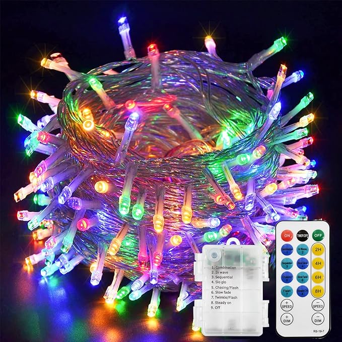 echosari Battery Christmas String Lights 100 LEDs Outdoor LED Fairy String Lights with Remote Button Cell(Dimmable, Timer, 8 Modes) - Multicolor
