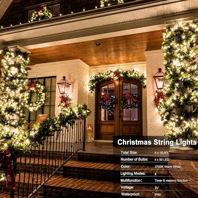 4 Pack- Battery Operated Outdoor Tree String Lights with 50 Warm White LEDs on 16.5ft/5m of Dark Green Cable,Outdoor Battery Xmas Wreath Lights with Timer for Christmas Yard Holiday Decoration