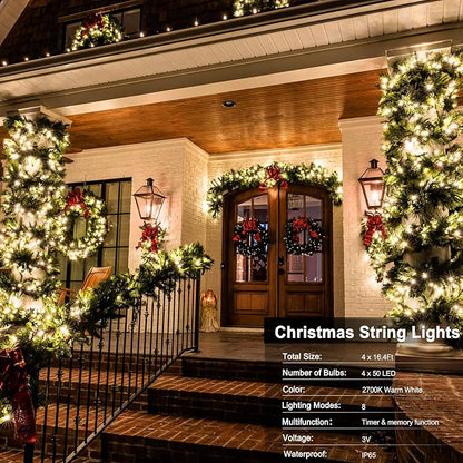 4 Pack- Battery Operated Outdoor Tree String Lights with 50 Warm White LEDs on 16.5ft/5m of Dark Green Cable,Outdoor Battery Xmas Wreath Lights with Timer for Christmas Yard Holiday Decoration