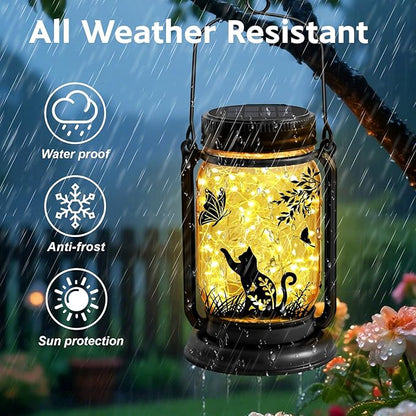 Cat Solar Lanterns 3-IN-1 Outdoor Waterproof - Birthday Gifts for Cat Lovers Women Mom Christmas, Mason Jar Hanging Lanterns with Stake, Garden Decor Lights for Patio Yard Balcony Decorations, 2 Pack