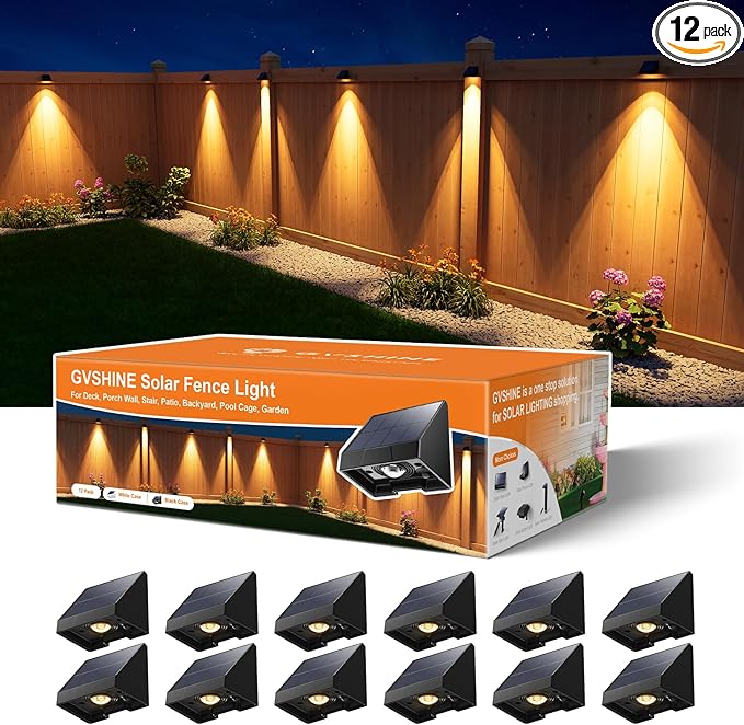12-Pack Warm White Solar Fence Lights, Outdoor LED