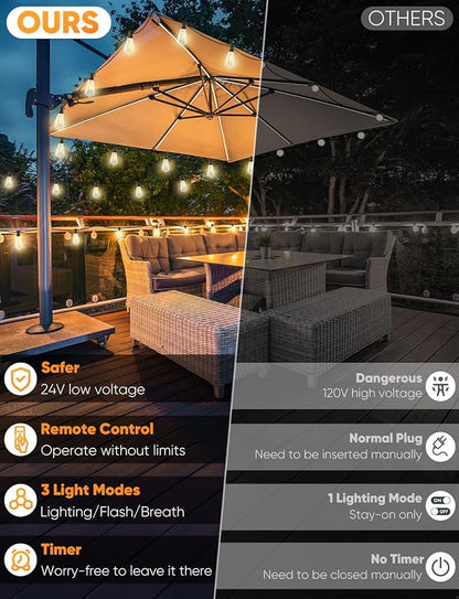 Brightever 3 Color in 1 Outdoor String Lights with Remote, 150FT LED String Lights for Outside with 47 ST38 Vintage LED Bulbs, Waterproof IP65 Outdoor Light for Patio, Bistro, 2700K/4000K/5000K