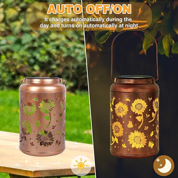 2 Packs Sunflower Solar Lanterns Outdoor Waterproof, Birthday Sunflower Gifts for Women, Mom, Metal Hanging Solar Lights Outdoor for Patio Porch Yard Backyard Garden Decor