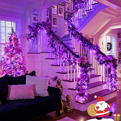 JMEXSUSS Purple Christmas Lights Battery Operated, 2 Pack 100 LED Outdoor Purple String Lights Waterproof, Each 33 FT Christmas Tree Light Indoor for Halloween Decorations Party Porch Garden Decor
