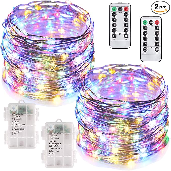 2-Pack 33ft Christmas LED String Lights, Waterproof Timer Lights