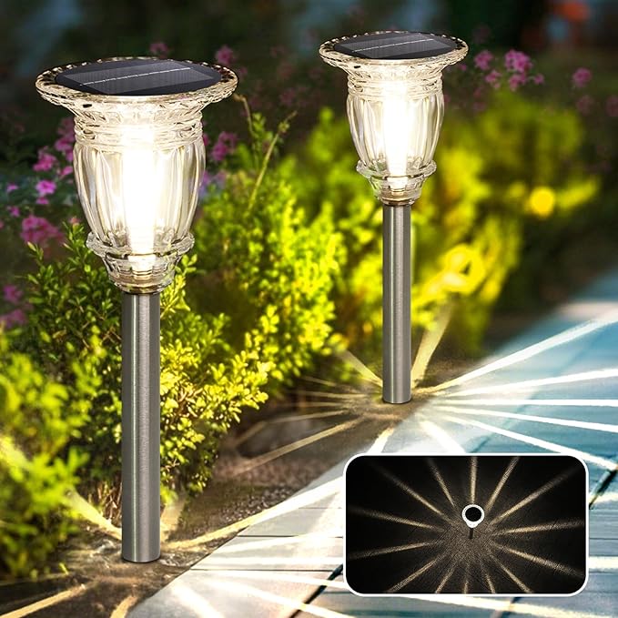 Solar Pathway Lights Outdoor 2 Pack, Warm White Glass and Stainless Steel Tungsten Heavy Duty Garden lights, 17.3" Waterproof & Solar Powered outdoor Light, Walkway Light, for Driveway Lawns Landscape