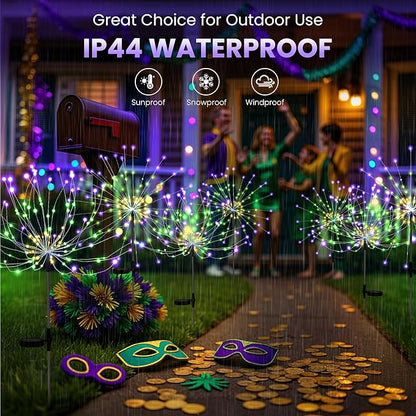 6 Pack Mardi Gras Solar Lights Outdoor, Solar Garden Lights Outside Fairy Firework Decorative,Solar Powered for Mardi Gras,Yard Pathway Party Balcony Patio Decor (Purple, Green, Yellow)