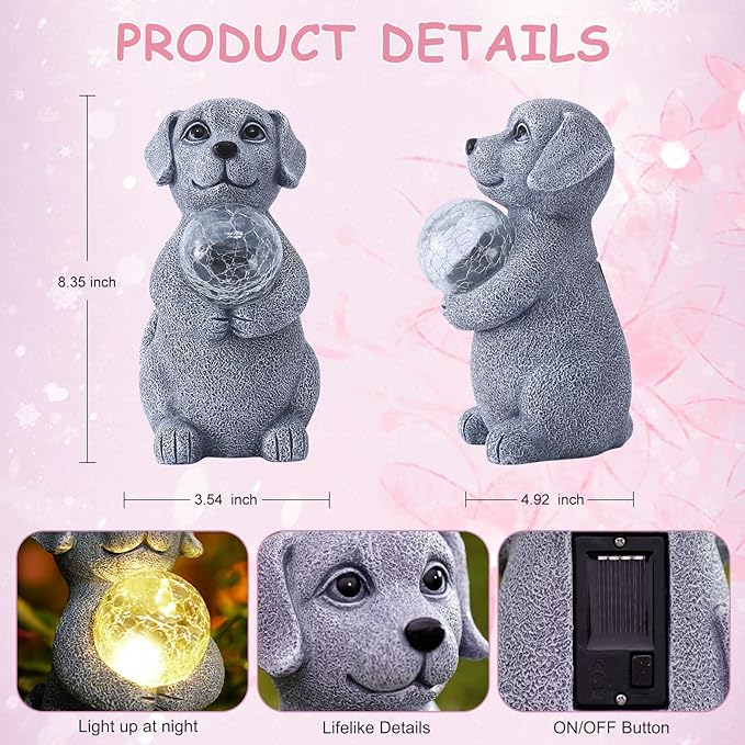 Dog Garden Statues - 8.4 Dog Decor with Gazing Ball LED Lights, Unique Gifts for Mom Grandma Birthdays, Outdoor Decor for Outside Lawn Porch Patio (Gray)