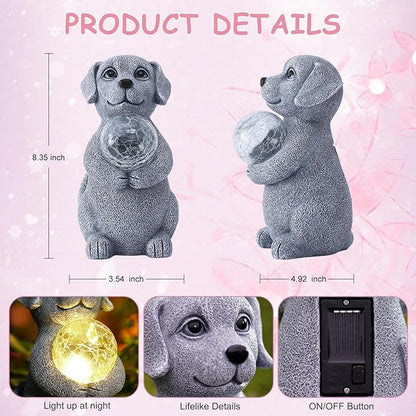 Dog Garden Statues - 8.4 Dog Decor with Gazing Ball LED Lights, Unique Gifts for Mom Grandma Birthdays, Outdoor Decor for Outside Lawn Porch Patio (Gray)
