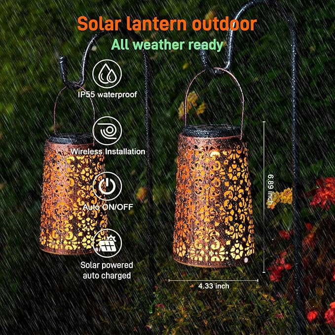 4 Pack Solar Hanging Lanterns Outdoor, 2 Modes Adjustable White & Warm Light, Auto On/Off Metal Waterproof Solar Lights for Patio Garden Wall & Tabletop Decor
