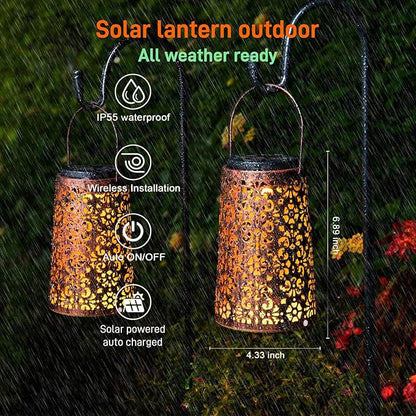4 Pack Solar Hanging Lanterns Outdoor, 2 Modes Adjustable White & Warm Light, Auto On/Off Metal Waterproof Solar Lights for Patio Garden Wall & Tabletop Decor