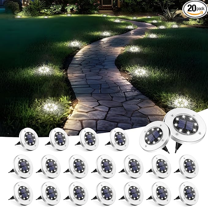 Solar Flat Disk Lights 20-Pack, Waterproof Landscape