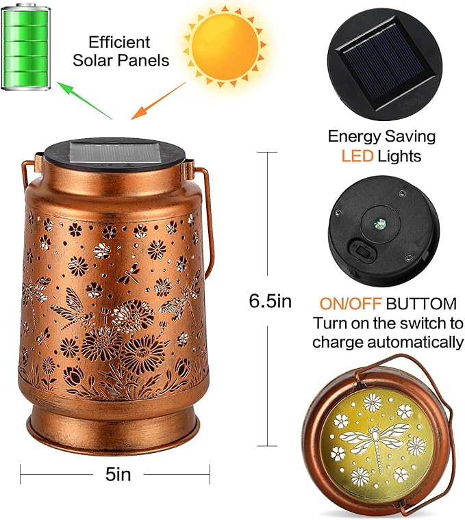 2 Pack Dragonfly Solar Lanterns Outdoor Waterproof Daisy Garden Decor Birthday Gifts for Women Mom Grandma Hanging Solar Lights Metal Lantern Decoration Outside for Porch,Patio,Yard,Backyard