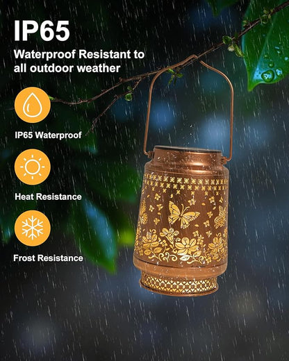 2 Pack Butterfly Solar Lanterns Outdoor Waterproof, Garden Decor Birthday Gifts for Women Mom Grandma Sister, Metal Hanging Solar Lights Outside Decorative for Backyard Patio Lawn Pathway Landscape