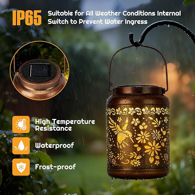 Hummingbird Solar Lanterns Outdoor Waterproof - Metal Hanging Hummingbird Solar Lights Graden Decor for Patio Yard Lawn Porch Pathway, Birthday Gifts for Women Mom Grandma