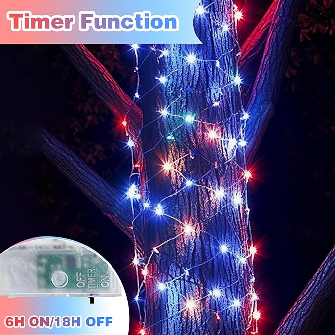 4 Pack 20FT 60LED Red White and Blue Battery Operated Fairy Lights with Timer, Waterproof Battery String Lights Outdoor Indoor, Battery Twinkle Lights for 4th of July Independence Day Decoration
