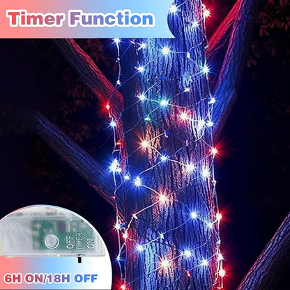 4 Pack 20FT 60LED Red White and Blue Battery Operated Fairy Lights with Timer, Waterproof Battery String Lights Outdoor Indoor, Battery Twinkle Lights for 4th of July Independence Day Decoration