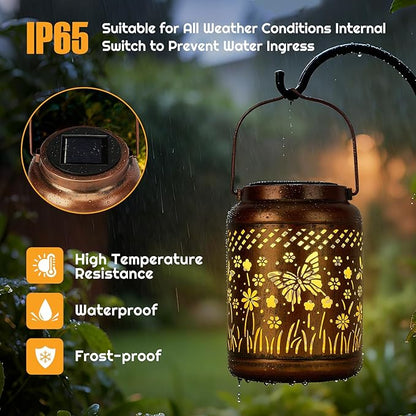 Butterfly Solar Lanterns Outdoor Waterproof - Metal Garden Decor Hanging Solar Lights Butterfly Decorations for Patio Yard Lawn Porch Pathway,Unique Gifts for Women Mom Grandma