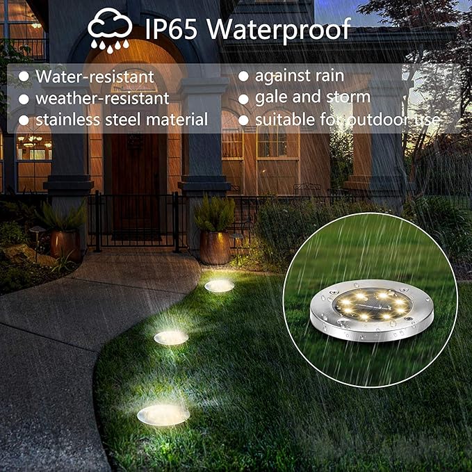 ZGWJ 8 Pack Solar Ground Lights,8 LED Solar Garden Lights Outdoor Waterproof Landscape Lighting for Yard Walkway Patio Lawn Driveway Decoration Warm White