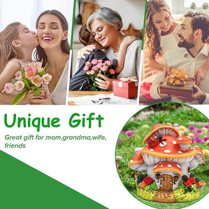 WINTS Solar Mushroom House Statue, Outdoor Whimsical Garden Figurines with Solar Lights, Mushroom Garden Statue Decoration for Fairy House, Outside Lawn Yard Patio, Gifts for Mom