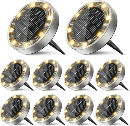 10 Pack Solar Ground Lights Outdoor, 8 LED Mini Flat Solar Disk Lights, IP65 Waterproof Anti-Rust Disc Light, Landscape Lighting for Garden Pathway Yard Walkway Driveway Lawn,Warm White