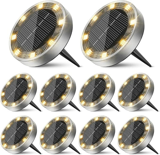 10 Pack Solar Ground Lights Outdoor, 8 LED Mini Flat Solar Disk Lights, IP65 Waterproof Anti-Rust Disc Light, Landscape Lighting for Garden Pathway Yard Walkway Driveway Lawn,Warm White