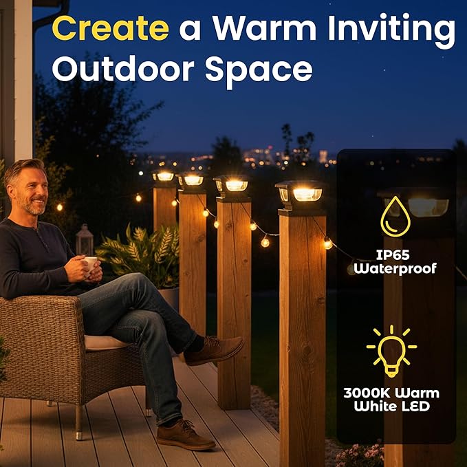 Brighticonic Solar Post Cap Lights Outdoor 4x4, 3x3 – Auto On/Off Post Lights Solar Powered - Easy Install IP65 Waterproof Deck & Fence Lights – Efficient 1500mAh Battery – 120 Lumen, Warm White 3000K