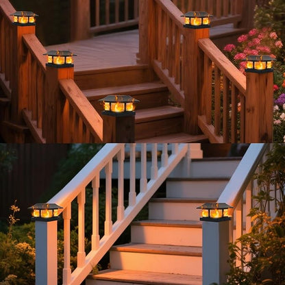 Dynaming Solar Flame Post Cap Lights Outdoor, Solar Powered Fence Post Light, Flickering Flame LED Lantern Lamps Waterproof for Garden Deck Patio, Fit 4x4 Wooden/Vinyl Posts, 2 Pack