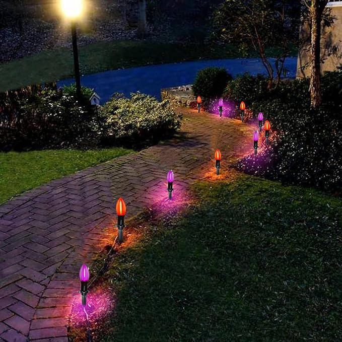 C9 Outdoor Halloween Pathway Lights, 19.5Ft 10 C9 LED Orange Purple Halloween Pathway Marker Stakes Light, Outdoor Walkway Lights Waterproof for Driveway Lawn Yard Sidewalk Garden