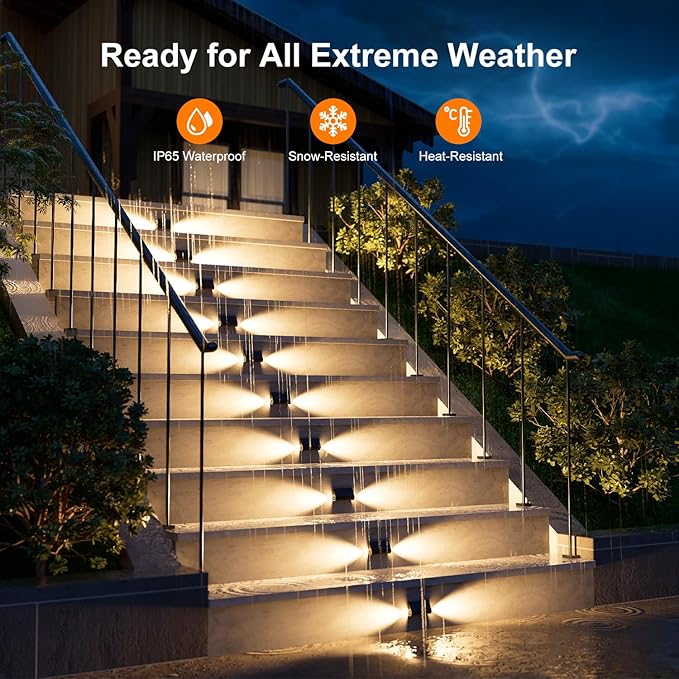 16 Pack Warm White Solar Powered Stair Lights for Outside Waterproof Deck Step Safety LED Ourdoor Decorative Lamps for Railing, House, Pathway, Backyard, Patio, Garden, 2 Easy Installation in 1 Min