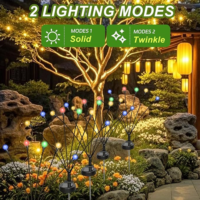 4 Packs Firefly Lights Solar Outdoor, 24 LED Multicolor Solar Walkway Light Outdoor, Waterproof Garden Decor with 2 Modes, Lawn Lights for Front Yard Backyard Yard and Pathway