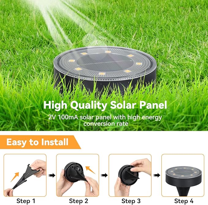 ELUTENG Solar Ground Lights 8 Pack IP68 Waterproof Solar Pathway Lights 8 LED Garden Lights Anti-Rust Outdoor Landscape Lighting for Lawn, Yard, Deck, Driveway, Walkway (Warm Light)