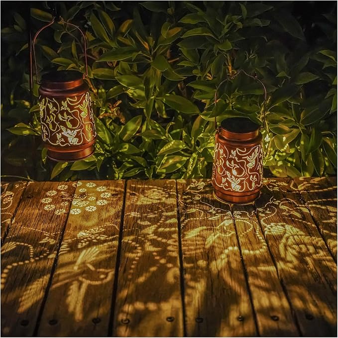 2-Pack Metal Hummingbird Solar Lanterns for Outdoor, Waterproof LED