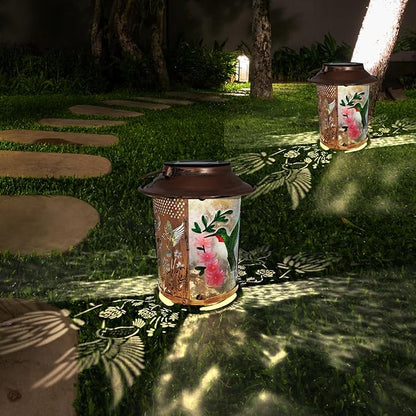 10" H Hummingbird Solar Lanterns Outdoor, Metal Glass Hanging Solar Lamp with Hollow Out Retro Hummingbird Lights, Decorative for Garden Yard Patio Pathway Tabletop Gifts