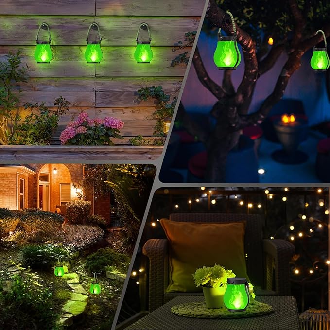 Hompavo Gen2 Solar Lanterns Outdoor with Ultra-Real Flame, Dual Charging (USB/Solar) & 2 Modes - Waterproof Decorative Hanging/Table Lights for Patio Garden Halloween Christmas Decorations, 2/Green