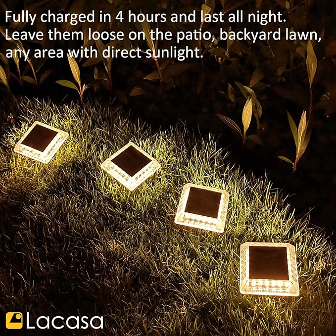 Lacasa Solar Deck Lights, 4 Pack 30LM LED Dock Light Warm White 2700K, Outdoor Solar Powered Step Light Up All Night IP68 Waterproof Auto ON/Off for Garden Stairs Driveway Pathway