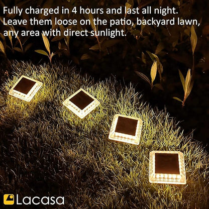 Lacasa Solar Deck Lights, 4 Pack 30LM LED Dock Light Warm White 2700K, Outdoor Solar Powered Step Light Up All Night IP68 Waterproof Auto ON/Off for Garden Stairs Driveway Pathway