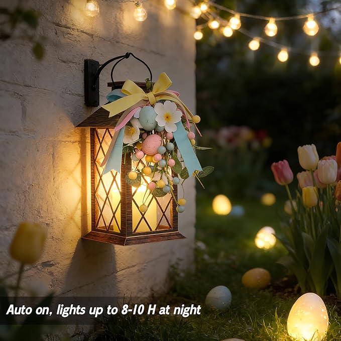 Easter Solar Lanterns Outdoor Waterproof, Hanging Spring and Easter Lantern with Flickering LED Candle, 13'' Bronze Outside Solar Powered Decorative Lantern for Patio Porch Garden Yard Pathway, 1 Pack