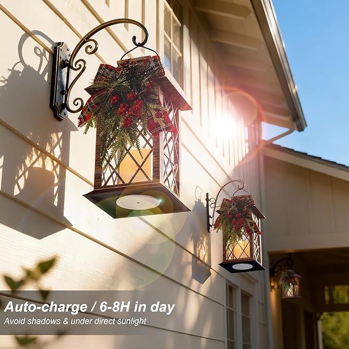 Christmas Solar Lanterns Outdoor Waterproof, 13" Outdoor Solar Powered Lantern with Flickering LED Candle, Christmas Hanging Lantern Decorations for Porch Patio Garden Balcony Pathway, 1 Pack