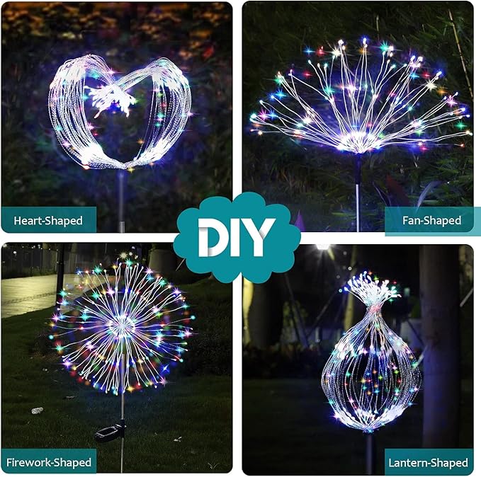 JJGoo Solar Firework Lights, 2 Pack 150 LEDs 2 Lighting Modes Solar Lights Outdoor Waterproof for Garden Patio Walkway Pathway Party Wedding Christmas Decorative - Mixed Color