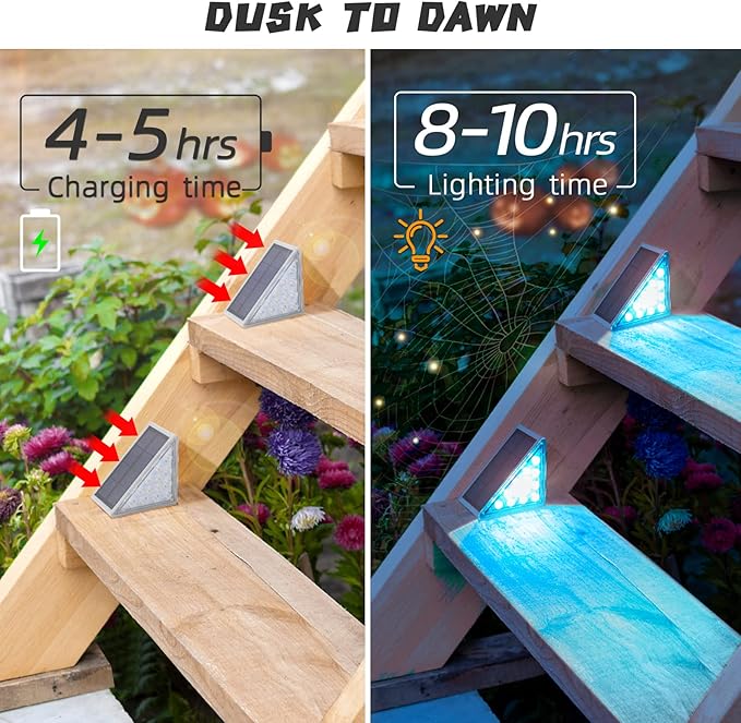 NIORSUN Solar Step Lights,8 Pack RGB Solid Color Changing Solar Stair Lights Outdoor Waterproof IP67 Auto On Off,Solar Lights for Steps,Stair,Patio,Yard,Porch,Front Door,Deck Decor