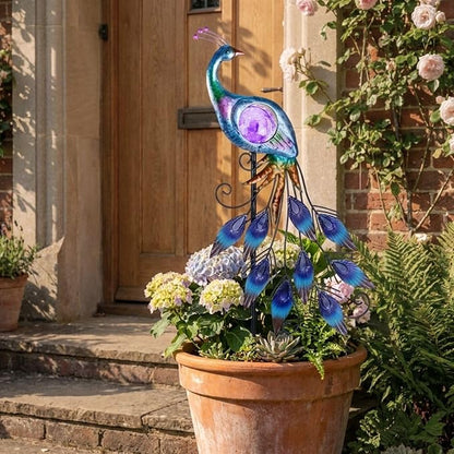 TERESA'S COLLECTIONS Solar Garden Lights Outdoor Garden Decor, Metal Peacock Decorations for Yard, 33'' Purple Decorative Garden Stake for Outside with Crackle Glass Ball, Lawn Party Gifts for Mom