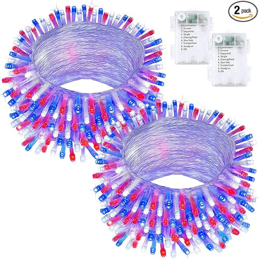2 Pack Red White and Blue Fairy Lights Battery Operated, 66FT 200LED July 4th Patriotic String Lights with Timer, 8 Modes Waterproof Twinkle Light Indoor Outdoor for Independence Day National Day