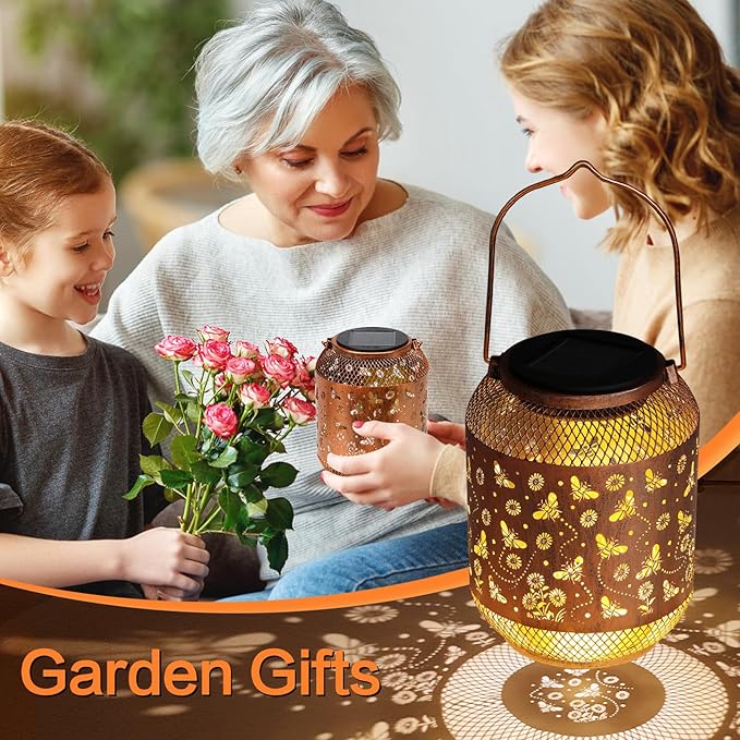 Bee Solar Lanterns Outdoor Waterproof Garden Decor Birthday Gifts for Mom Women Grandma Metal Hanging Solar Lights Outdoor Decoration for Patio,Yard,Porch,Backyard