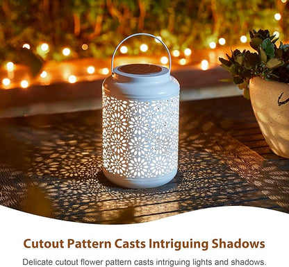 Glitzhome Solar Lantern White Metal Cutout Flower Outdoor Hanging Solar Light with Handle for Garden Patio Yard Outdoor Decor
