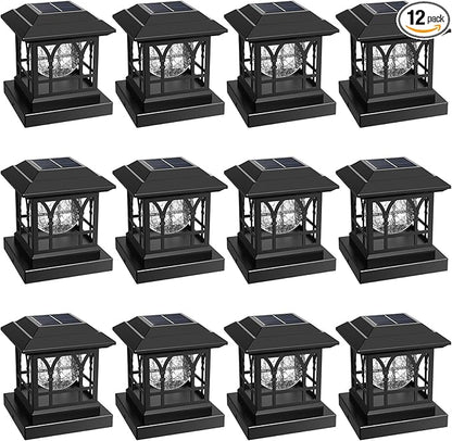 Fence Post Solar Lights, Crackle Glass Solar Post Cap Lights, 20 Lumens, Warm White & RGB Automatic Cycling 2 Modes for 3.6x3.6 4x4 4.5x4.5 5x5 Vinyl Wooden Posts Decoration, Black (12 Pack)