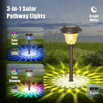 BEAU JARDIN 8 Pack Solar Pathway Lights White+Color Changing Stainless Steel 3 Mode Outdoor Multicolor Metal Solar Powered Waterproof Glass for Garden Landscape Path Yard Walkway Driveway Bronze