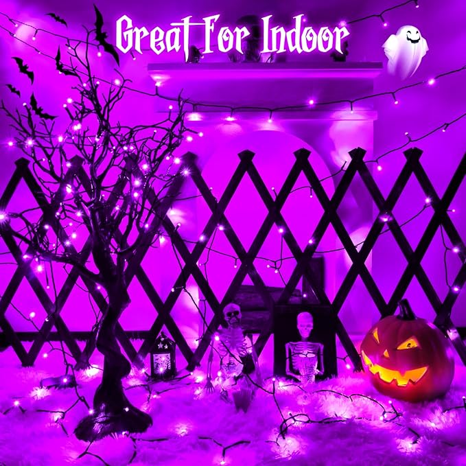 Purple Lights Halloween Lights String Total 100LED Battery Operated Outdoor 8 Modes with Timer 16.4Ft*2, 50LED*2 Waterproof Indoor for Halloween Decor, Purple, 2-Pack