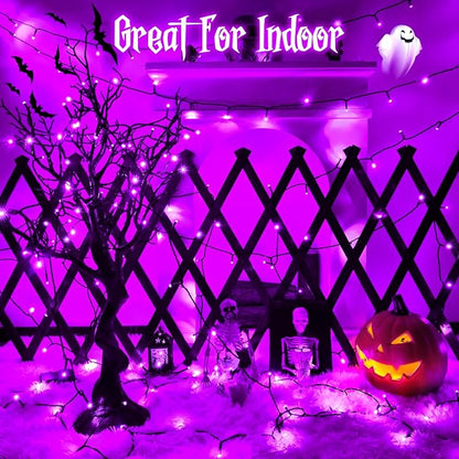 Purple Lights Halloween Lights String Total 100LED Battery Operated Outdoor 8 Modes with Timer 16.4Ft*2, 50LED*2 Waterproof Indoor for Halloween Decor, Purple, 2-Pack